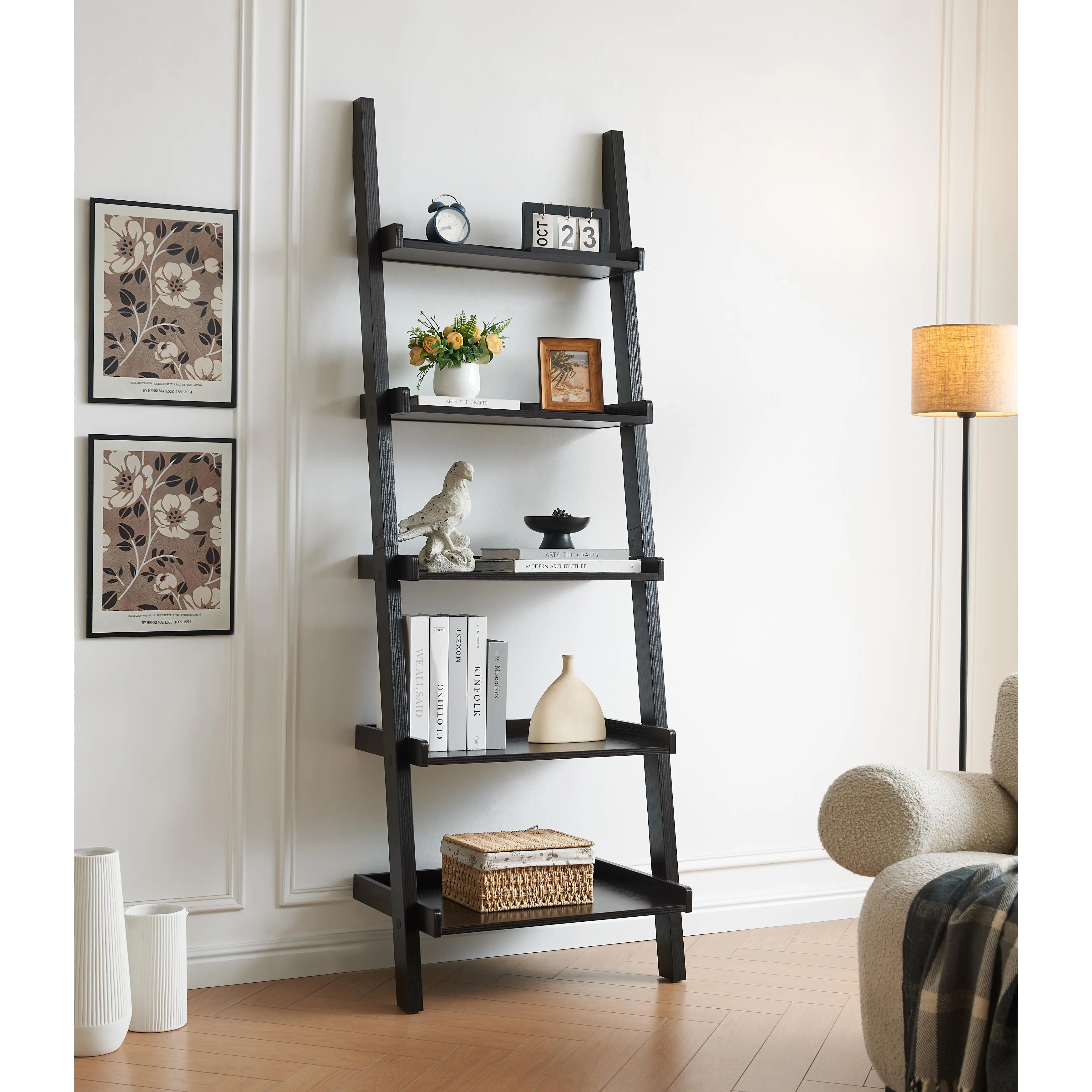 Modern Ladder Bookcase - 5-Layer Ladder Shelf, MDF Wood Standing Storage Unit, Multi-Depth Space, Rounded Corners, 36 lbs Capacity, Stable Freestanding Organizer, Requires Setup for Home Office, Living Room, Assembly Required