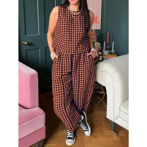 Lovelet Plaid Round Neck Sleeveless Top and Pants Set