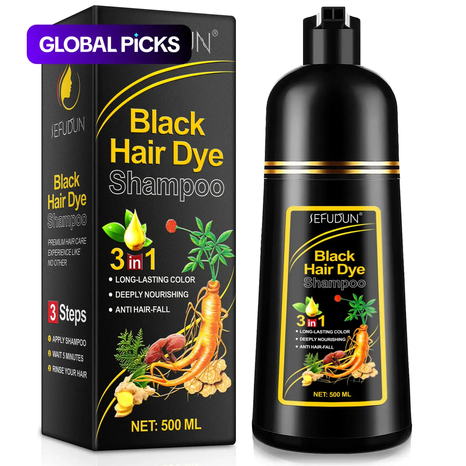 3-in-1 Hair Dye Shampoo, Haircare, Covers Hair Fast, Herbal Ingredients Gentle on Scalp & Hair, Salon Quality Results at Home, Effective Formula #GLOBAL PICKS