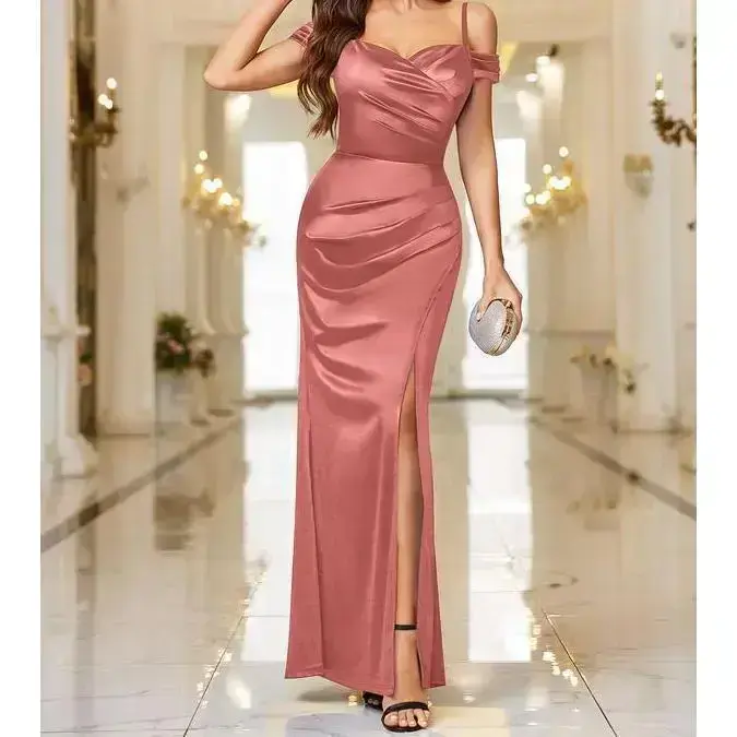chinese dress ladies Pink Halter Maxi Dress with Thigh Split | Deep V-Neck Backless Formal Gown  Kouvr Fashion main image 1