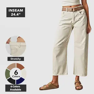 Solid Stitch Detail Mid Waist Crop Baby Barrel Pants Without Belt Summer Casual Y2K Retro Sweet Cool Pure Desire Minimalist Office Beach Holiday Date Café Comfortable Old Money Style High Quality Boho California Hot Girl Real Look No Filter Affordable Lux