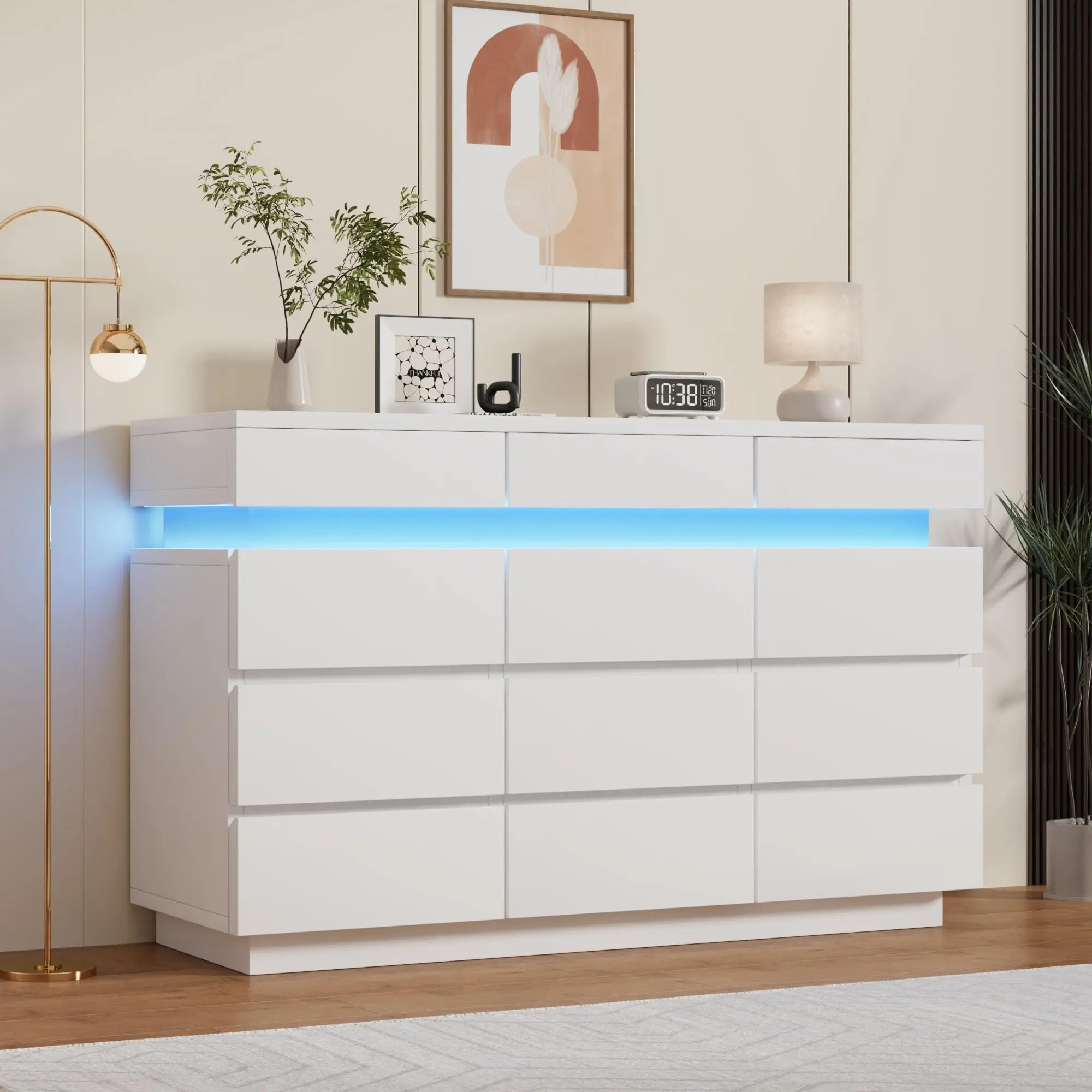 Garvee 59" Wooden 9-Drawer Dresser Cabinet - LED Lighting, Large Space, Modern Design, Anti-Tipping Safety, White/Black, Easy Setup, Home Decor, Ample Top for Daily Use, Bedroom Furniture for Clothing Organization