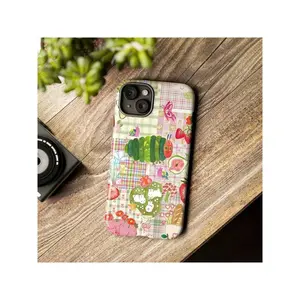 Cute Caterpillar And Fruit Collage Phone Case – Pastel Plaid Background With Strawberries, Flowers, Bread, And Whimsical Animals – Colorful Vintage Aesthetic – Fits  7 To 17 Pro Max,Suitable For IPhone 17 Air