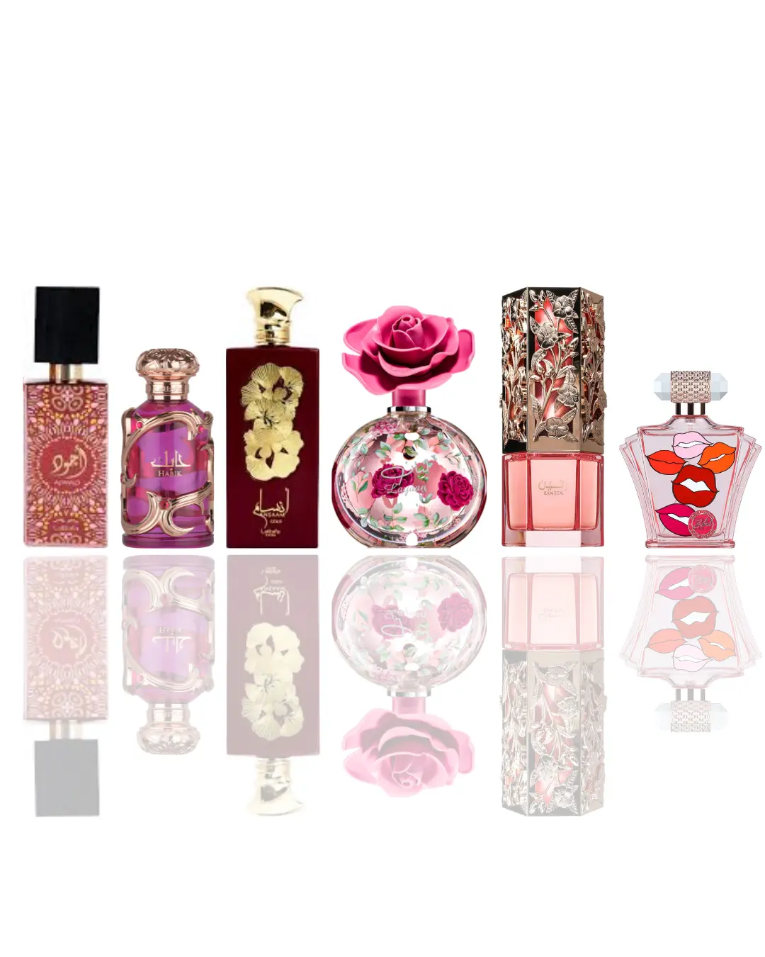 Lattafa Women's Fragrance 6-Piece Bundle - Ajwad Pink, Habik, Ansaam Gold, Layaan, Raneen, Zakaat Z19, Six-Piece Elegant Perfume Mist Fleur De Coton