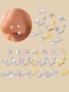 Elegant Cz Inlaid Spiral Nose Ring, L-Shaped Heart Design Piercing Stud 18g Unisex Fashion Jewelry, Party Body Accessories, Trendy Gift Idea Body Piercings