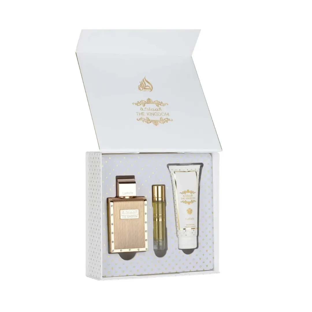 Lattafa Set The Kingdom 3.4 Oz Edp + Travel Spray 12ml + Shower Gel 3.4 Oz Men