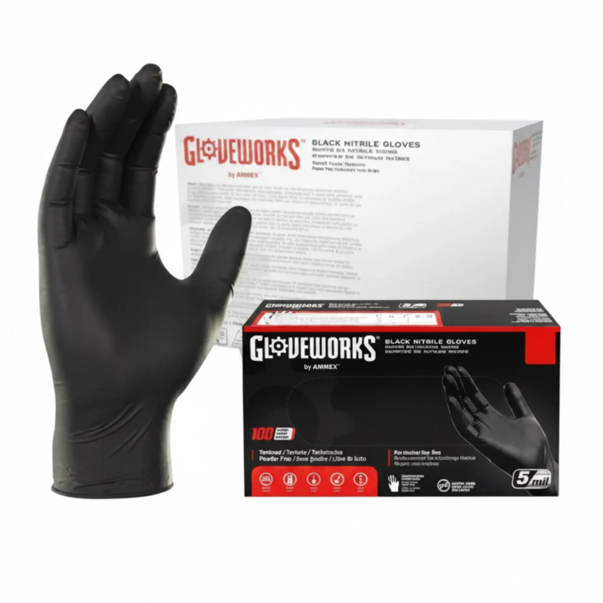 GLOVEWORKS Black Nitrile gloves 5MIL Assorted Sizes