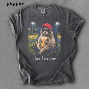 Comfort Colors Raccoon I live Here Now Shirt, Raccoon Drinking Iced Coffee Shirt, Ballfield Dark Shirt, Baseball field, Baseball Mama Tee,