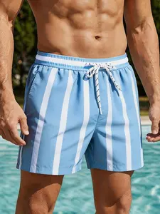 Men's Printed Shorts, Striped Beach Pants, Casual Loose-Fitting Elastic Waist, Vacation Travel Preferred, Plants Pattern, Swimming Shorts