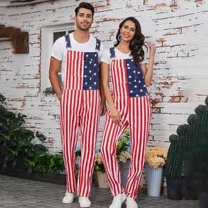 Unisex American Flag Overalls Couples USA Patriotic Workwear Menswear Adjustable Denim Jumpsuit with Zipper and Pockets, Womenswear