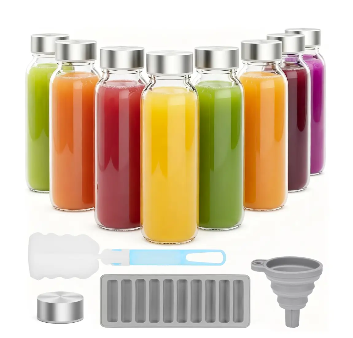 11 oz Clear Glass Bottles with Lids, Reusable Glass Water Bottles Set of 8 with Stainless Steel Cap for Juicing, Refrigerator,100% Leak Proof, ECO Friendly, Bpa Free, Dishwasher Safe