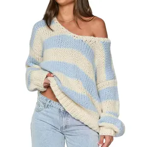 Women’s Fall Striped V-Neck Sweater – Drop Shoulder Long Sleeve Loose Knit Top – Cozy Fashion Pullover Casual Chic