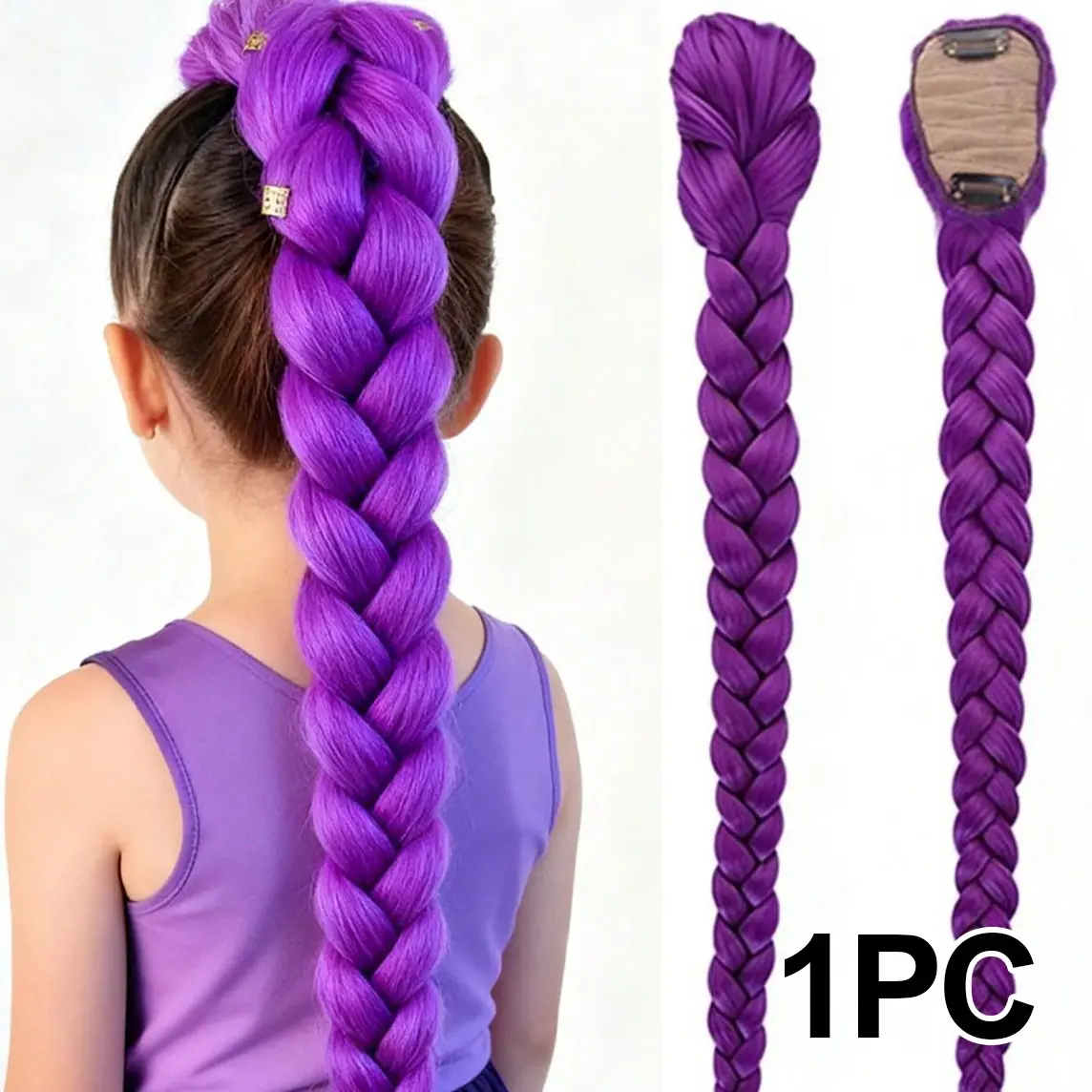 K-Pop Girl Role Play Wig, 26-Inch Braided Hair, Long Yaki Straight Hair, Heat Resistant Puff Ponytail Accessory, Kids Wigs, Fit Wig