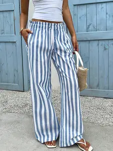 Women's Fashion Elastic Waist Pants, Sea Salt Blue Striped Wide Leg Pants, Elegant Long Pants for Casual Wear, Stylish, Fit and Comfortable