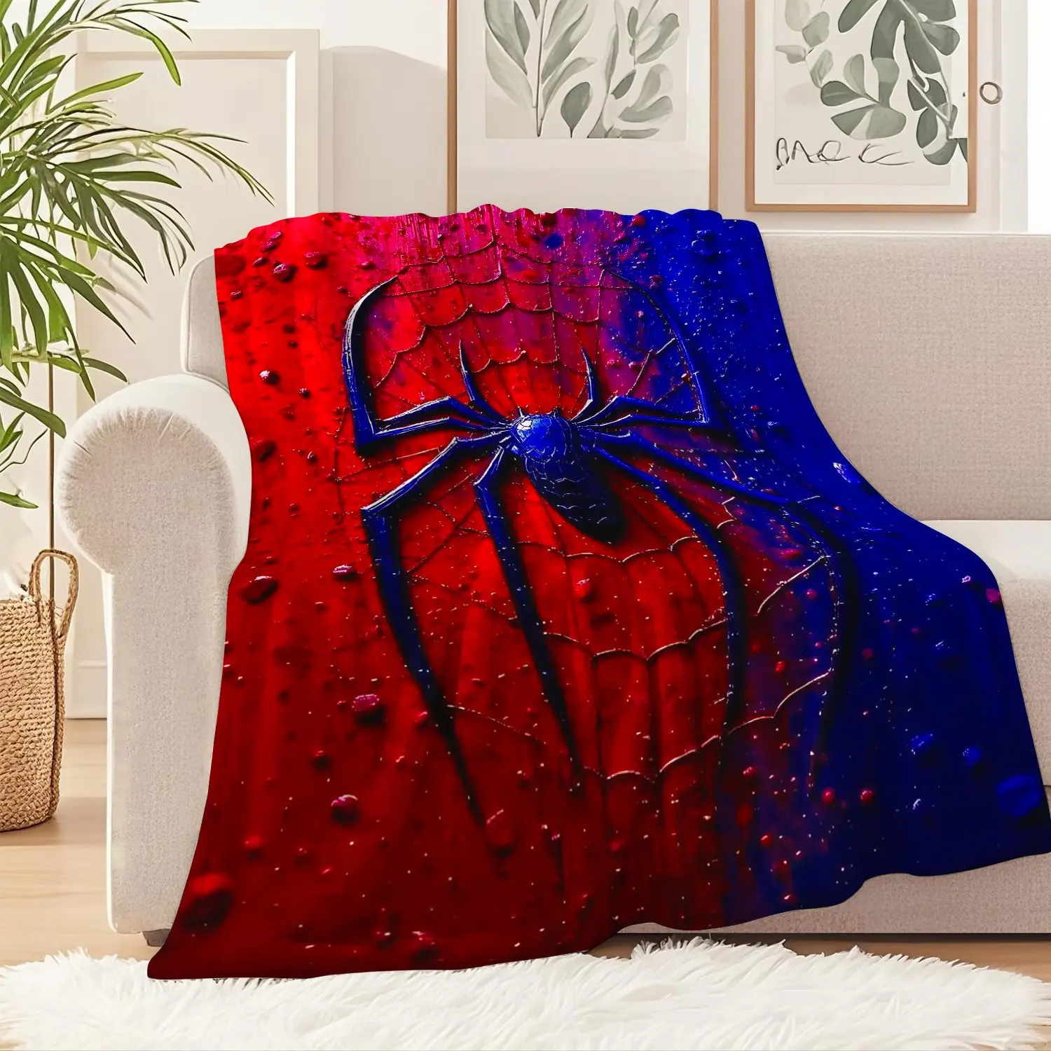 Deep Blue Spider Pattern Flannel Blanket Soft and Comfortable Home Cover Blanket Red and Blue Color Contrast Warm Blanket Suitable for Camping Exploration and Office Insulation Flannel Throw Blanket