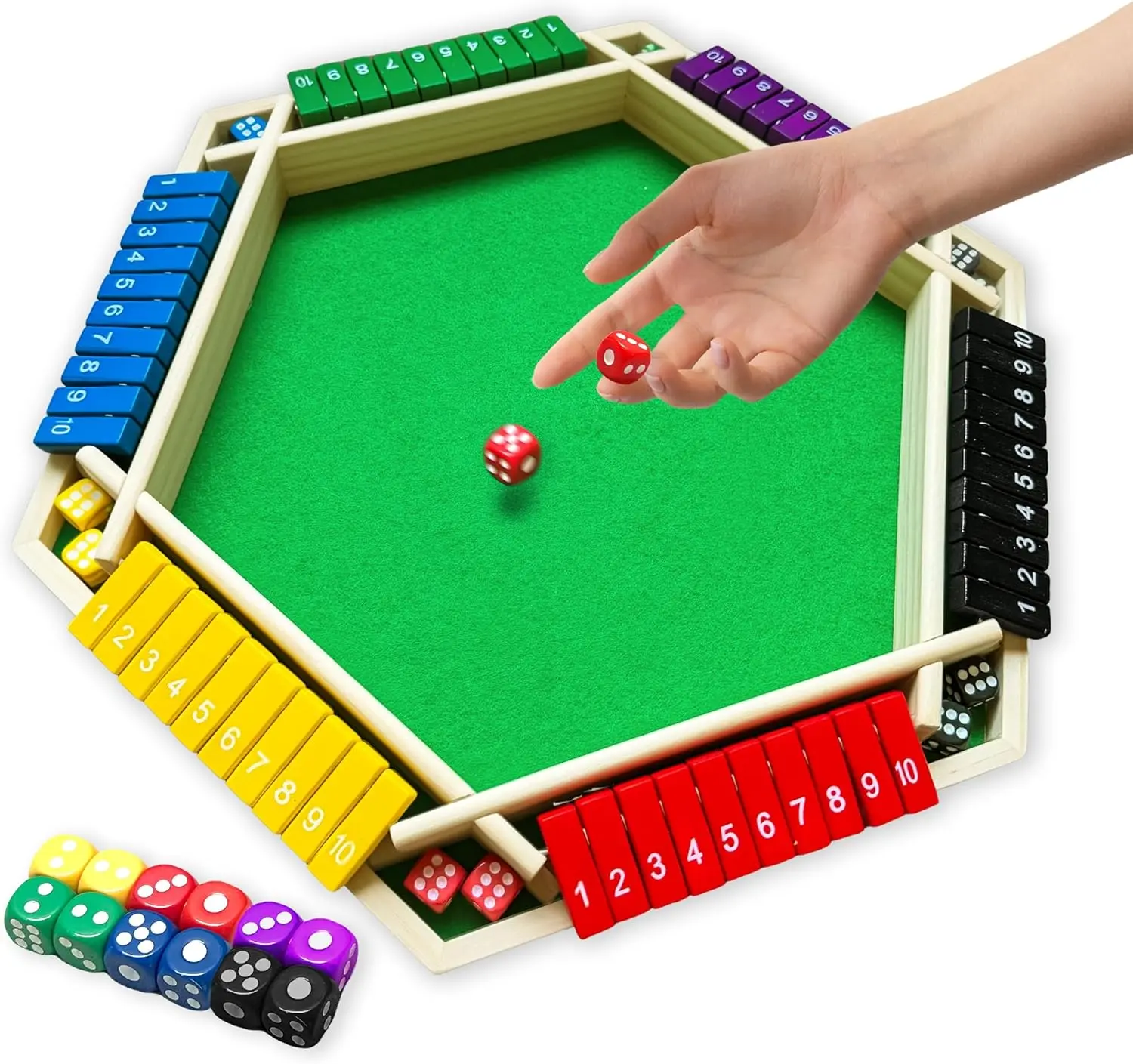Shut The Box Dice Game - Lightweight Compact Colorful Wooden Board Game for 6 Players with 12 Dice, Educational Math Number Fun, Gift Ideas for Kids, Fun with Friends (Instructions Included), Game Night