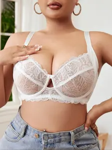 【Plus Size】 Solid Lace Underwire Bra, Breathable Comfortable Unlined Bra for Daily Wear, Women's Plus Size Lingerie for Summer, Lace Brassiere Fit