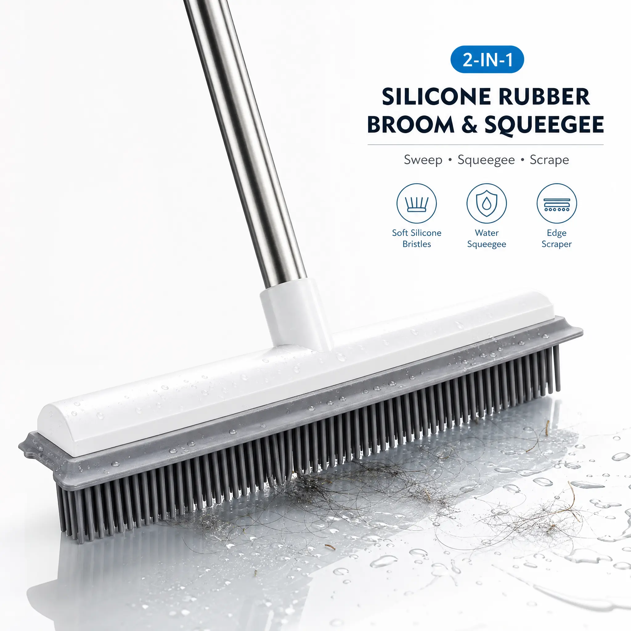 2-in-1 Silicone Rubber Broom & Floor Squeegee with Stainless Steel Handle for Pet Hair Removal, Floor, Tile, Bathroom & Carpet Cleaning (Free Gift: Self-Clamping Flat Mop)
