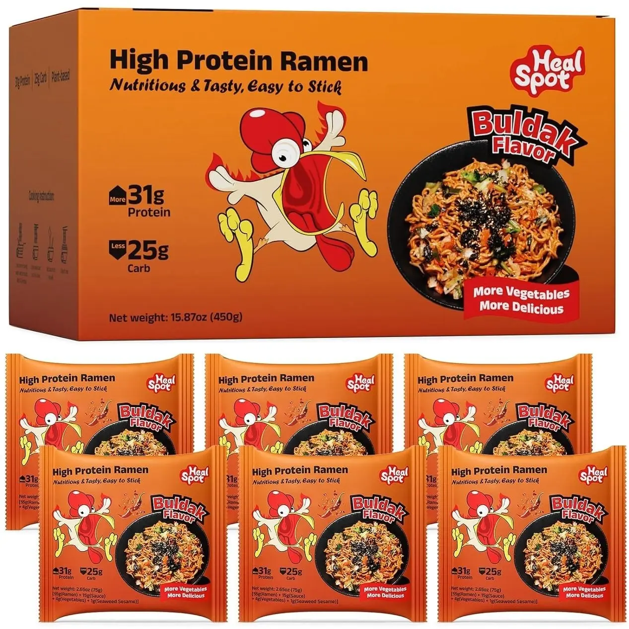 Healspot High Protein Spicy Buldak Noodles, Dry Tossed Ramen, 30g Plant-Based Protein, Low Fat, Low Carb, Non GMO, Keto Friendly & Plant Based (6 packs)