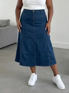 Women's Wrinkled Denim Skirt, Plus Size Casual Loose Fit, Long Plain Jean Half Skirt for Spring & Fall