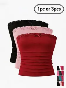 Women's Lace Trim Knit Strapless Crop Top, Sweet Style Slim-Fitting Short Sleeve, Available in 1 Piece or 3 Pieces