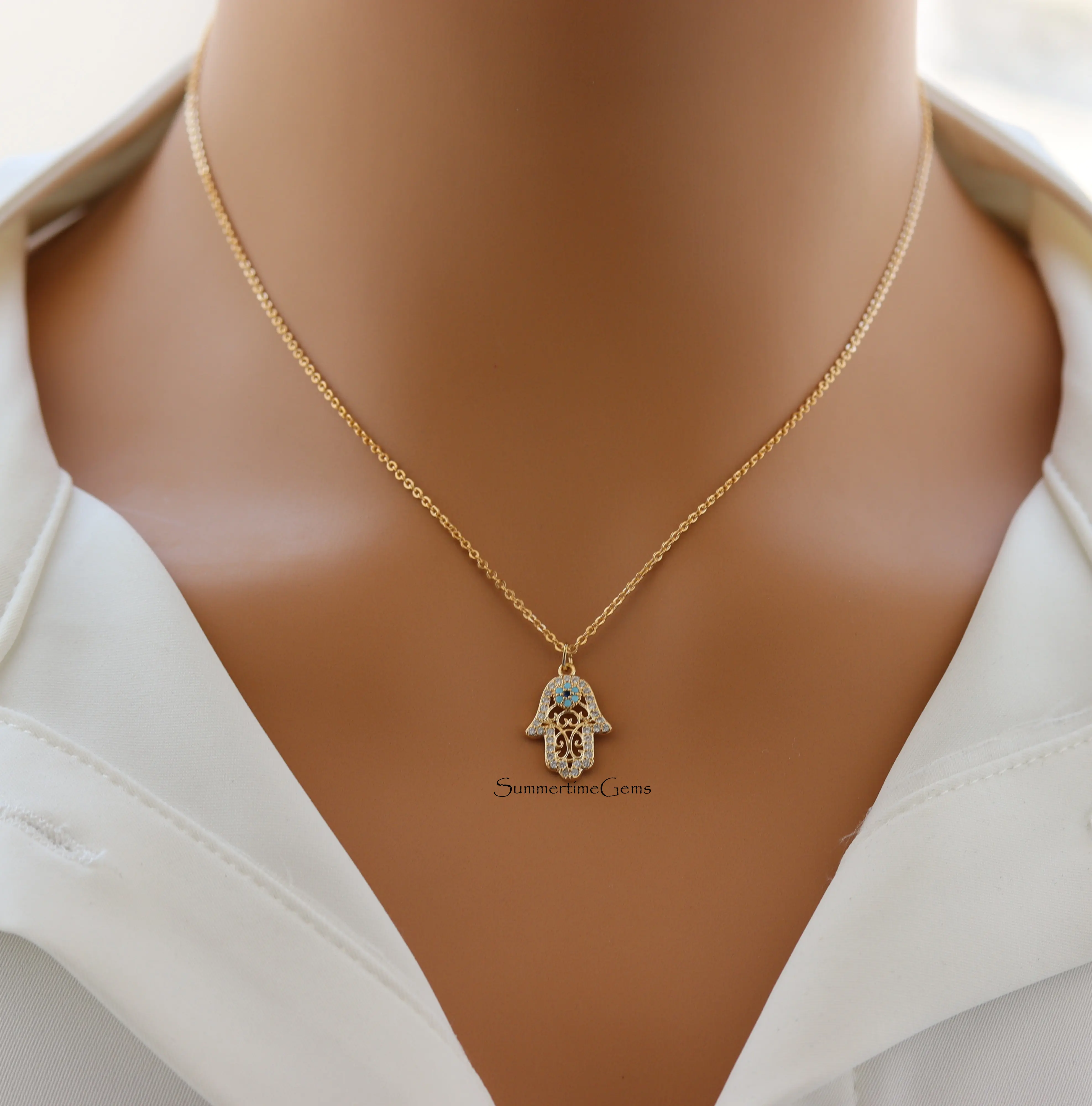 18K Gold Plated Pavé Hamsa Hand Pendant Amulet Necklace - Sparkly Protection, Good Luck Costume Jewelry Accessory