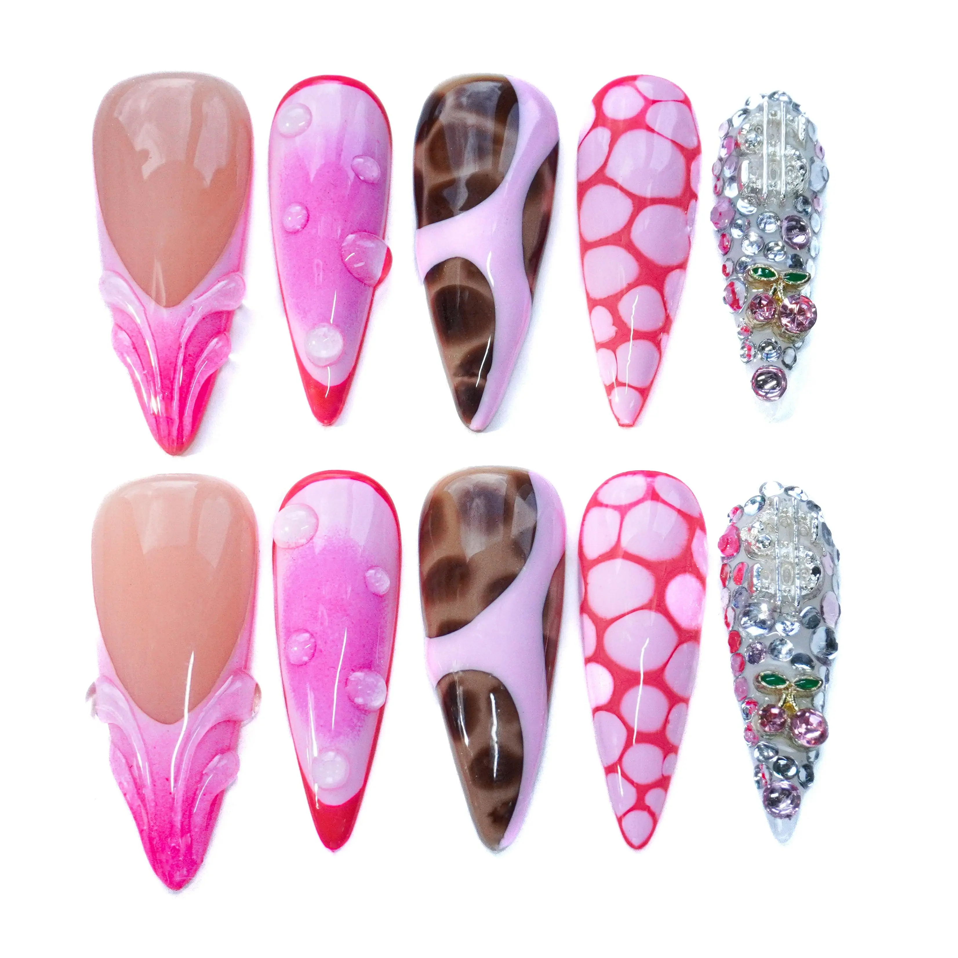 10PCS 3D Stiletto nails Collections  Reusable Handmade Press-On Nails – Acrylic REUSABLE 3D Gel Summer 2025/Prom click  nails pink glitter