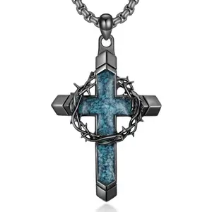 Black Gunmetal Cross Necklace with Turquoise Inlay & Crown of Thorns Design | Religious Faith Jewelry for Men