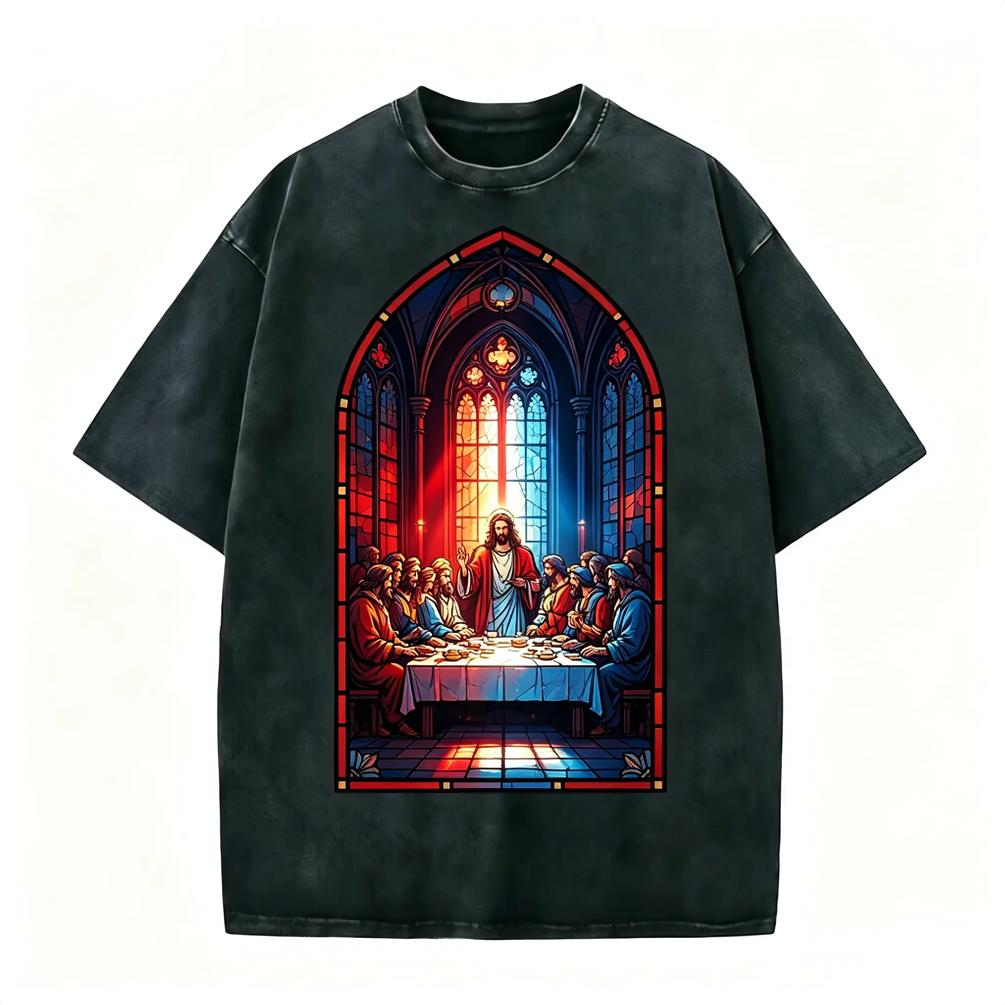 Beautiful Last Supper stained glass tee. Jesus at table with disciples in vibrant red & blue light. Vintage aesthetic, perfect for Easter or daily faith wear. Limited stock—shop now! #lastsupper #easter(1)