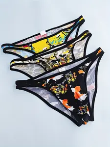 3 pieces of men's stylish mesh triangle underwear, cool and breathable, suitable for beach casual wear, printed triangle underwear, Soft Comfy Brief
