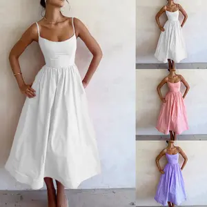 Women's Sleeveless Polyester Basic Casual Dress - Solid, Low-Cut, Slim-Fit, High-Waist, Lady's Temperament Commute Style