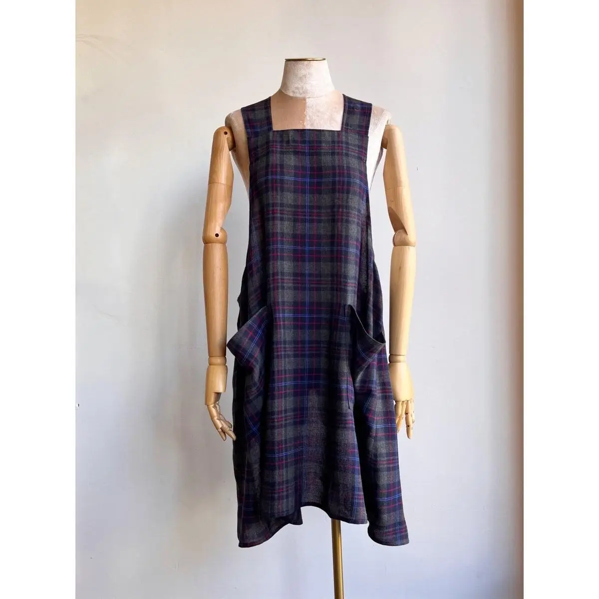 Grey, Red, Blue Plaid Wool Pinafore Apron w/ Patch Pockets
