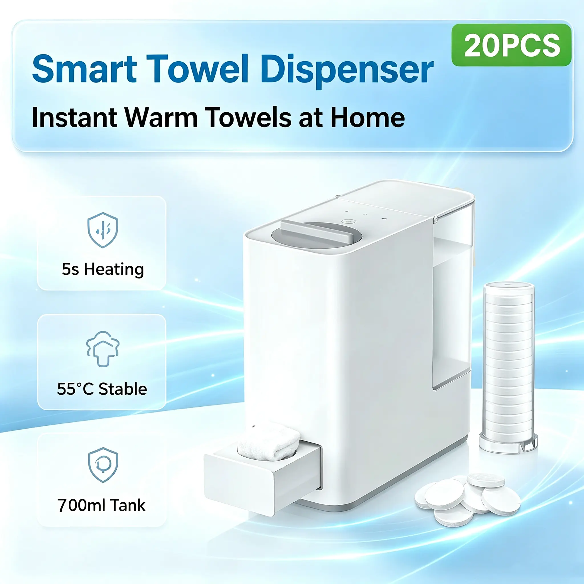 Face Towel Warmer with Pop-Up Drawer, Automatic Retractable Dispenser, 5-Second Rapid Heating, Adjustable Temperature Settings, 20 Compressed Towels Included for Home Spa Skin Care