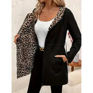 Women's reversible hooded zipper jacket - leopard print and pure black casual long jacket with waist belt, machine washable spring/autumn outerwear, autumn layering, fashionable hooded sweatshirt, durable fabric, fashion enthusiast