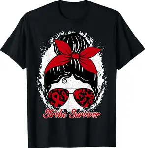 Cotton(pure) Cute Stroke Survivor Awareness Red Ribbon Brain Attack Women T-Shirt