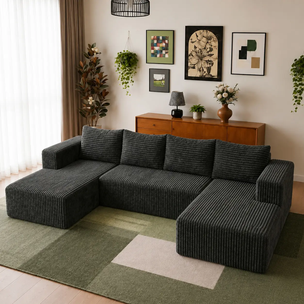 Boneless Sectional Couch, 127.5" U-Shaped Cloud Modular Sectional Sofa - Plush Corduroy, Double Chaise, No Assembly, Deep Seat, Modern Minimalist, 2-Package Shipping, Fast Shipping, Black, for Living Room,sohochic