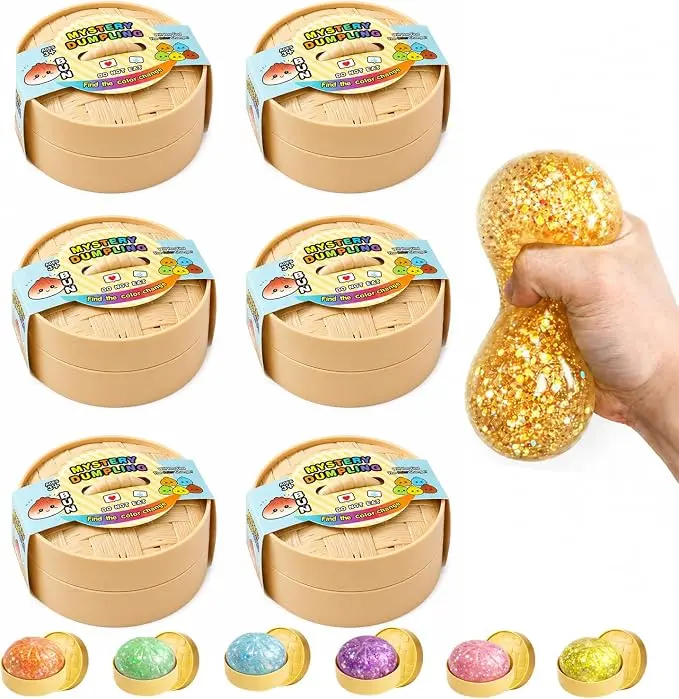 6PCS Glitter Dumpling Squishy Water Beads Squeeze Toy Stress Relief with Cute Steamer Basket Colorful Stress Relief Ball Soft Decompression Toy Stress Relaxation Gift for Birthday