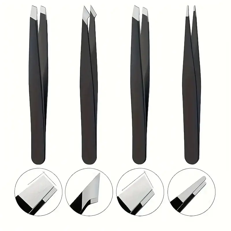 Matte Black 4-Pack Precision Stainless Steel Tweezers Set with Ergonomic Handle - Multi-Tip Beauty Products for Eyebrow Shaping, Facial Fine Hair Removal, and Convenient Storage