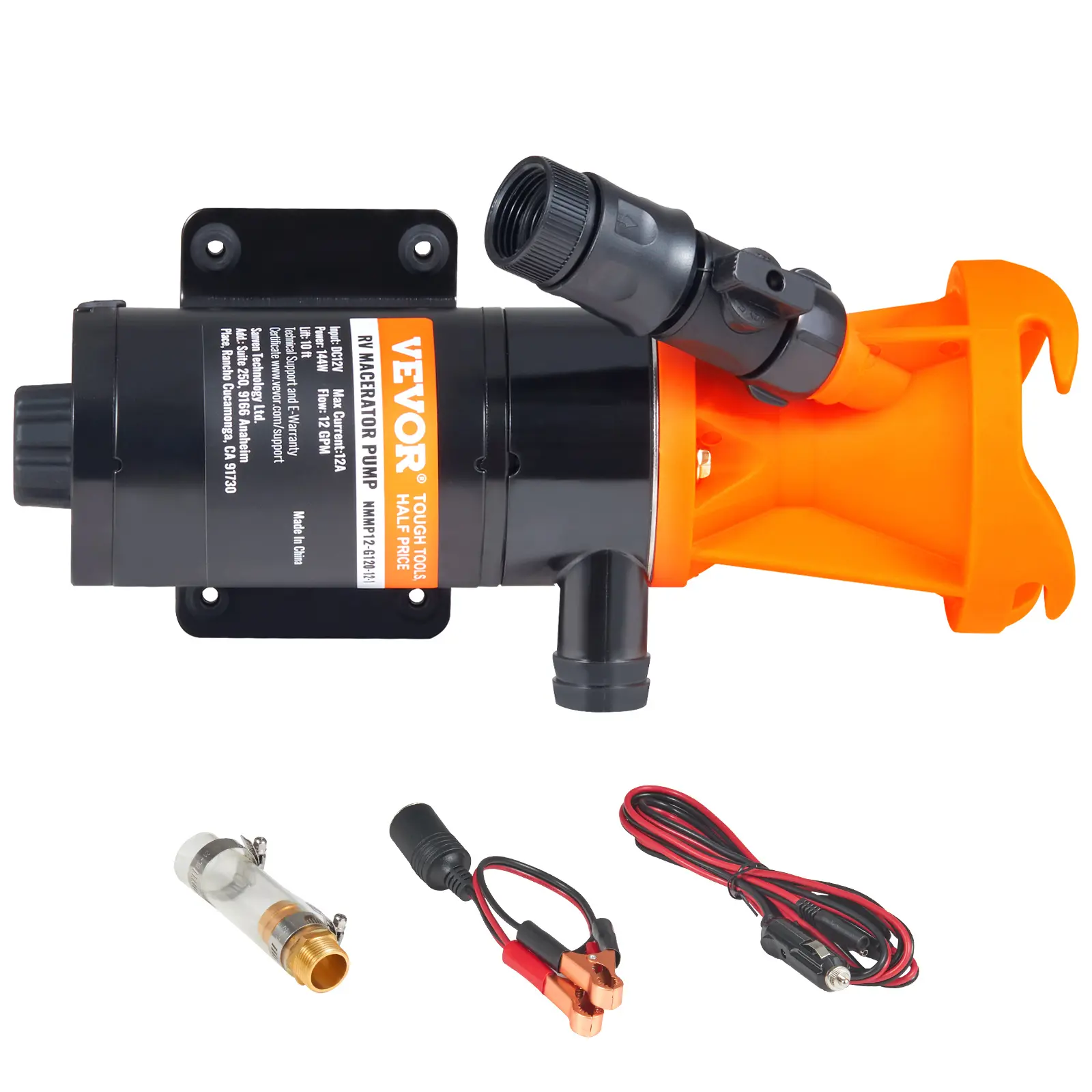 VEVOR 12V 12GMP Portable Macerator Toilet Pump for Boat, RV Black Water Tank Waste Disposal, with Quick-Release Valve, Detachable Connection, Metal Hose Clamp, Power Cord