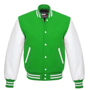 Letterman Varsity Jacket Wool & Real Leather Kelly/White Collar Cotton