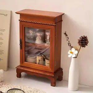 Wooden Cosmetic Storage Box with Glass Door, Multi-Layer Display Rack, Dustproof, Living Room Coffee Table Decorative Makeup Organizer, Home Decor Organiser