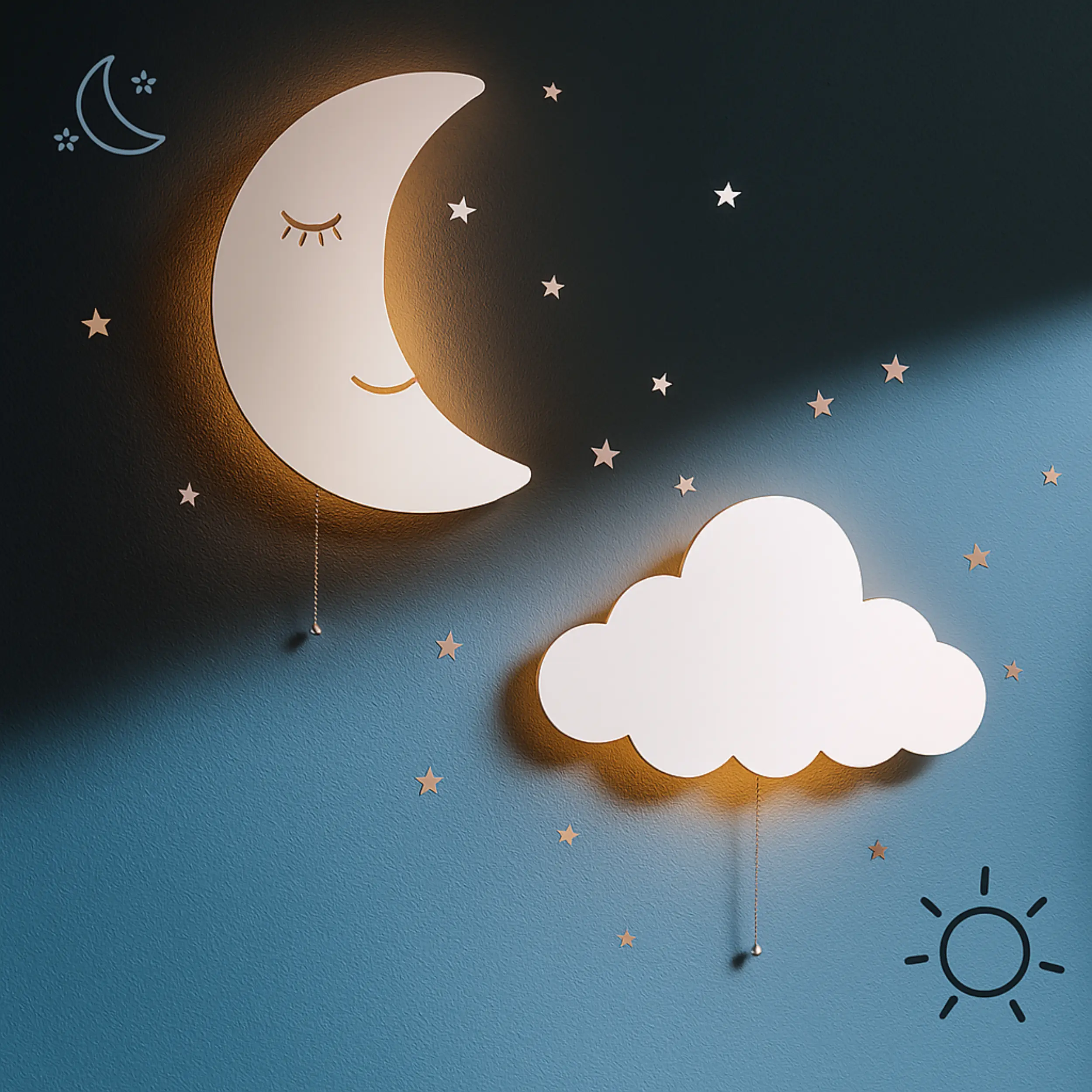 2 Pack Cloud & Moon Lights - Floating Cloud & Moon Wall Lamps for Nursery | Cute Floating Lamps for Kids Bedroom | Battery-Operated Hanging Night Lights for Bedroom/Baby Nursery
