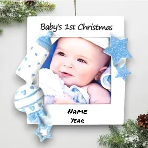 Personalized Baby’s 1st Christmas Blue Picture Frame Ornament – Custom Name & Year – Baby Boy Photo Keepsake – Noel Box