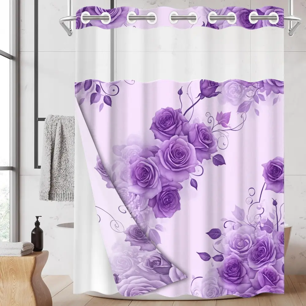 1pc hookless printed shower curtain with buckle lining, spring purple-pink rose scrollwork design, 2D flat printing, fabric waterproof lining, see-through double-layer shower curtain, 71 x 74 inches, modern home drapery, Flowers, Room Decor