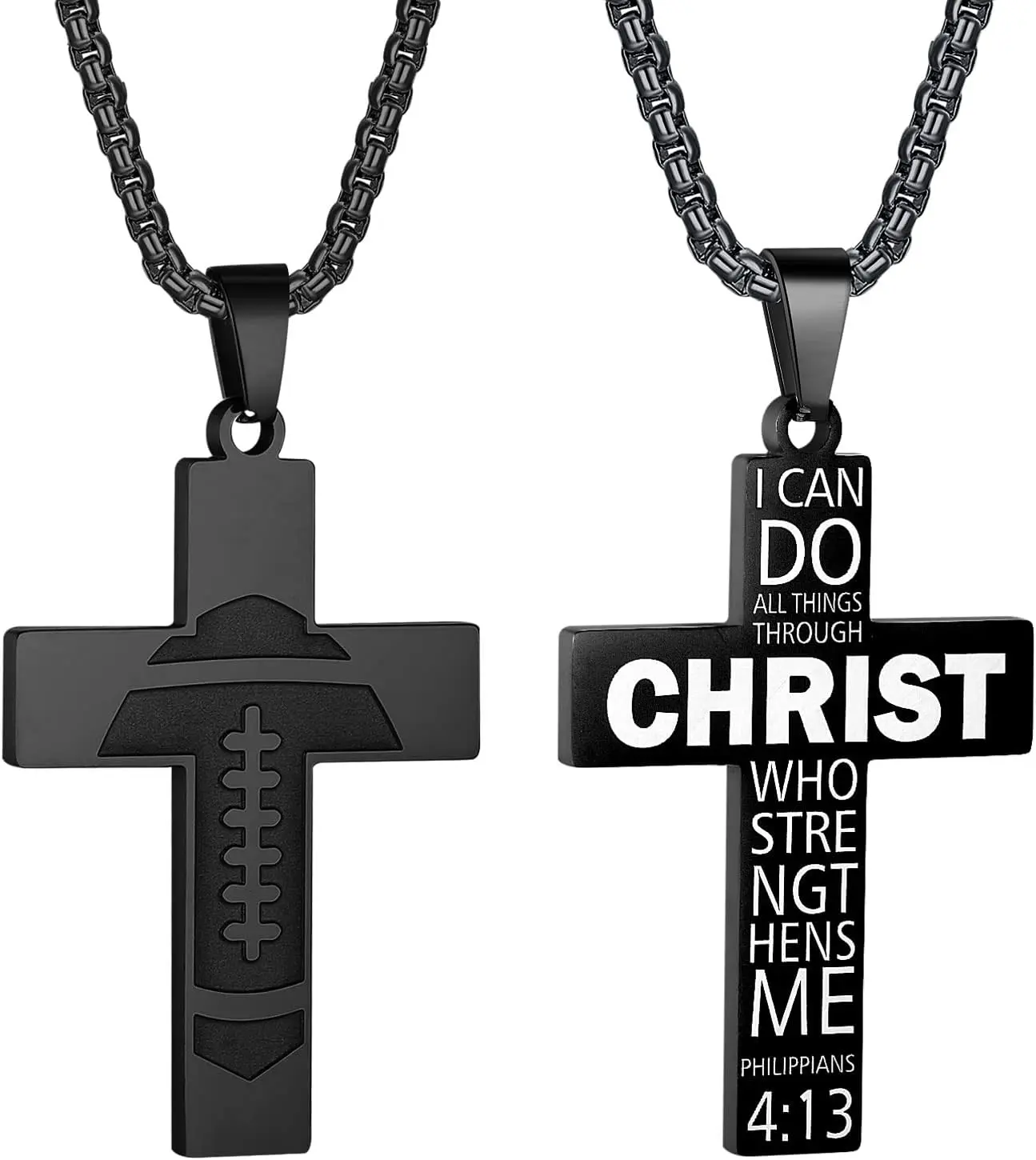 Football Cross Necklace - Boys Inspirational  Verse Pendant, Stainless Steel Chain, 22+2 inch    for Men & Women