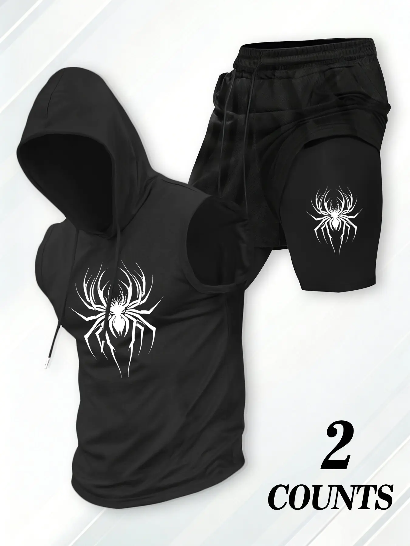 Men's Spider Graphic 2-Piece Gym Outfit - Sleeveless Hooded Tank Top & 2-in-1 Compression Shorts Set, Exercise clothing set, Breathable Athletic Workout Clothes For Bodybuilding, Running & Training, Superhero Inspired Fitness Apparel