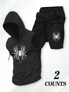 Men's Spider Graphic 2-Piece Gym Outfit - Sleeveless Hooded Tank Top & 2-in-1 Compression Shorts Set, Breathable Athletic Workout Clothes For Bodybuilding, Running & Training, Superhero Inspired Fitness Apparel, Athletic Sports Clothing