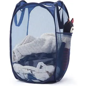 Collapsible Pop Up Laundry Basket, Hamper with Sturdy Handles and Side Pocket - Mesh Portable Foldable Dirty Clothes Hamper for Dorm, Laundry room, Bathroom and Travel Storage, Navy Blue