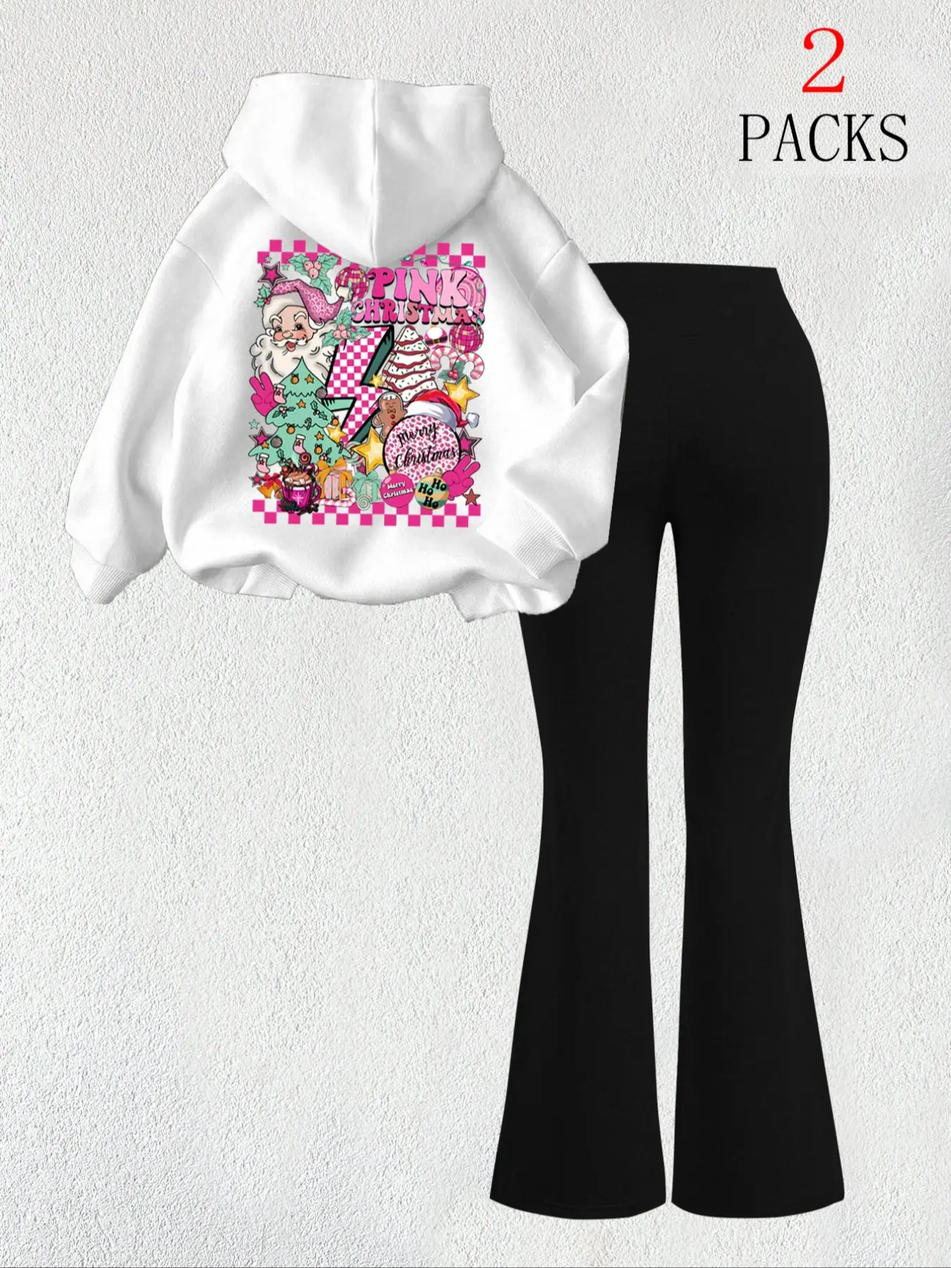 Women's Warm Hoodie Set with Slim Fit Bell Pants, Christmas Santa Rainbow Letter Print, Casual Loose-Fitting Sweatshirt with Kangaroo Pocket Clothes
