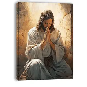 Wooden Praying Jesus Framed Wall Art - Minimalist Religious Decoration, Spiritual Room Accessories for Living Room, Office Home Supplies